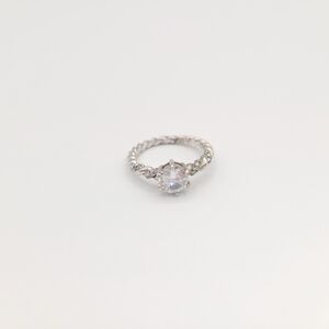 Silver Tone CZ Solitaire Ring Size 5 Twisted Band Dainty Engagement Style